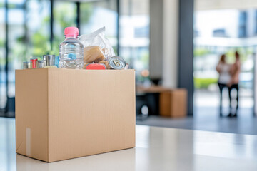 Food donations concept. Cardboard box with grocery product for donation in front of blurred food donation point center, temporary food donation point