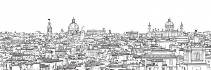 Plakat Elegant single-line drawing of Rome's cityscape, showcasing iconic buildings, historical architecture, Italian charm, and urban landscape.