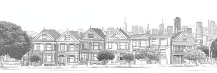 Obraz premium Elegant line art depicting the iconic San Francisco Painted Ladies Victorian houses, showcasing their architectural detail against the San Francisco skyline. Symbolizes history, architecture, beauty,