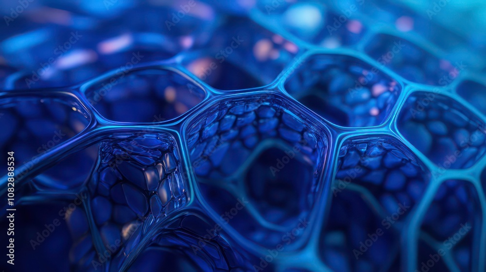 Poster close-up cross-section of a futuristic honeycomb structure, glowing with neon blue patterns, sharp g
