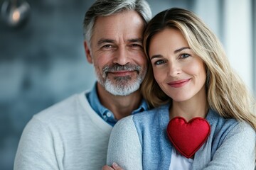 Couple embracing with a heart decoration in a cozy indoor setting during a romantic moment