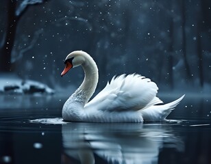 Elegant swan gracefully floating on a winter lake with snowfall
