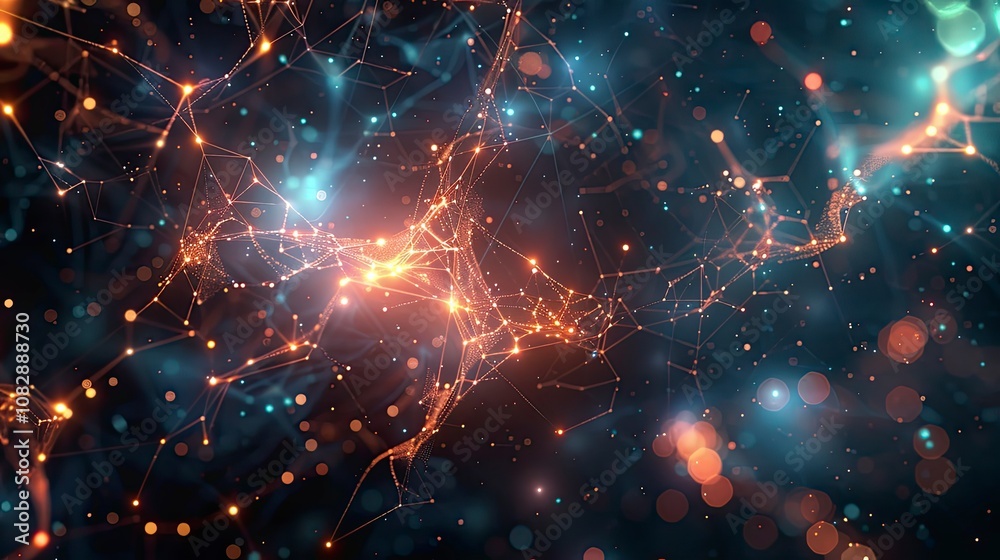 Poster abstract glowing network of interconnected points and lines on a dark background with bright bokeh l