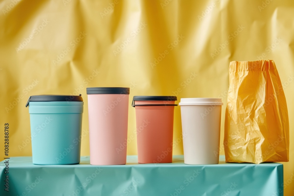 Poster Brightly colored reusable containers are displayed prominently next to an array of single-use plastic items, highlighting sustainability issues. Generative AI