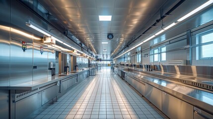A spacious commercial kitchen with stainless steel surfaces and organized workstations, illuminated by bright overhead lights in a modern facility