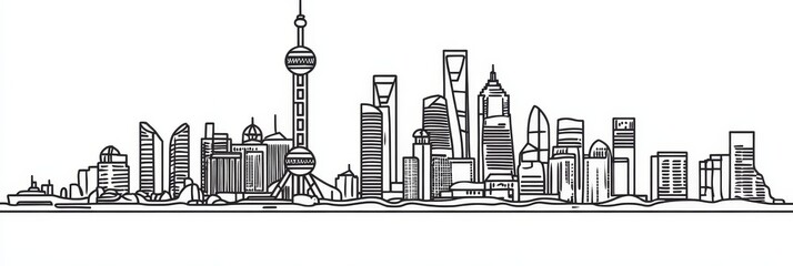 Obraz premium Elegant single-line art depicting the Shanghai skyline, showcasing iconic architecture, cityscapes, modern buildings, and a vibrant urban scene.