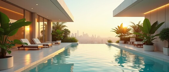 Fototapeta premium a swimming pool with a view of the city skyline.