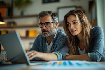 Couple collaborating on a project in a cozy home office during the afternoon
