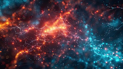 Abstract glowing network of lines and light dots with vibrant colors against a dark background. .
