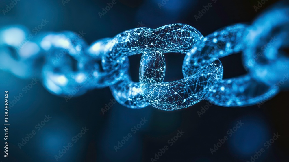 Poster abstract digital chain link formed by glowing blue lines and points on a dark background.