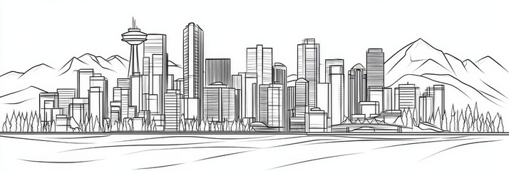 Fototapeta premium Elegant line art depicting Vancouver's iconic skyline, mountains, and waterfront. Cityscape, nature, urban, Canada, design.