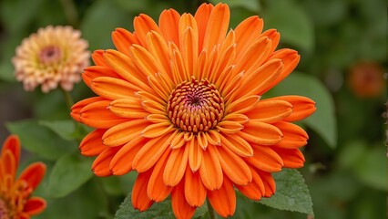 Vibrant orange zinnia with concentric petals in gradient shades detailed veins soft green background