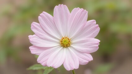 Obraz premium Pink cosmos flower macro with translucent petals golden stamens and soft green foliage background
