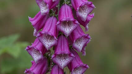 Vibrant purple foxglove with bell shaped blooms speckled white and dark purple dew kissed