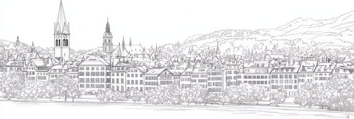 Fototapeta premium Elegant line art drawing of Zurich, Switzerland cityscape, showcasing architecture, trees, and mountains. Captures city charm, Swiss landscape, and artistic simplicity.