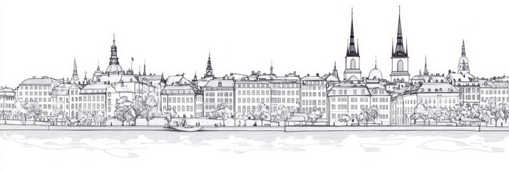 Obraz premium Elegant line art depicting Stockholm's cityscape, showcasing architecture, water, trees, and boats. Captures Swedish charm, urban design, and travel.