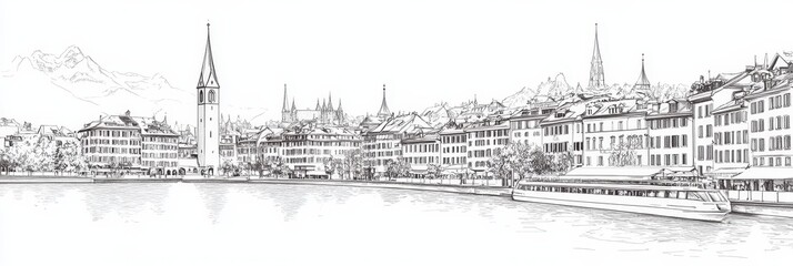 Fototapeta premium Elegant line drawing of Zurich's waterfront, featuring iconic buildings, a boat, and mountains. Captures city charm, Swiss Alps, architecture, travel.