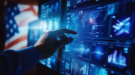 A hand interacts with a digital interface displaying data and information, a blurred American flag is in the background.