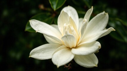 Fototapeta premium Magnolia blossom with creamy petals and yellow center on green background