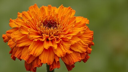 Vibrant orange marigold bloom with frilled petals and red accents set against soft green background