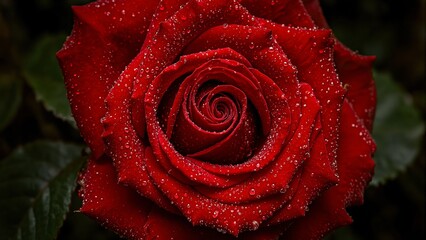 Vibrant red rose with water droplets velvety petals in tight spiral contrasted by dark green leaves