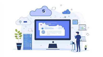 A man looking at a computer monitor with a cloud in the background, representing cloud storage.