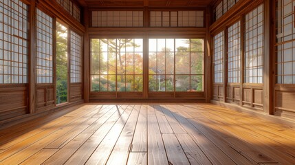 Empty wooden room with clean japandi style interior.