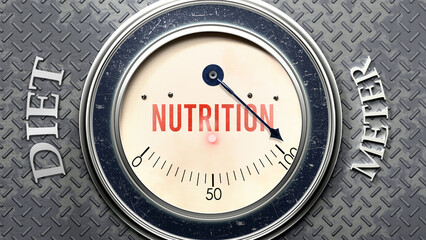 Nutrition and Diet that is hitting a full scale, showing a very high level of nutrition, overload of it, too much of it. Maximum value, off the charts.  ,3d illustration