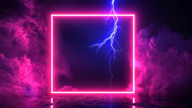 Neon frame with lightning against a vibrant pink and purple cloud background
