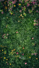 A top view of a bright green grass field adorned with colorful flowers, capturing the beauty
