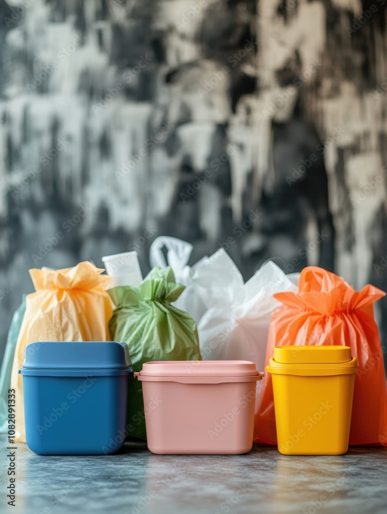 Aufkleber A display of reusable containers contrasts with colorful single-use plastics, showcasing a commitment to sustainability. Generative AI