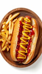 A top view of a hot dog with mustard and ketchup, served with fries on a wooden plate, isolated