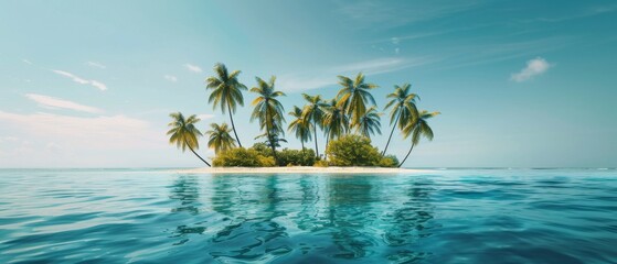 Obraz premium A tranquil tropical island with palm trees along shore, offering plenty of blank space for text
