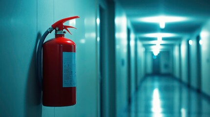 A red fire extinguisher mounted on a white wall in a long, empty hallway.