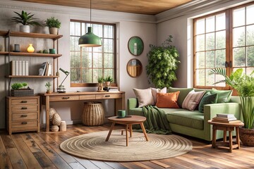 Fototapeta premium Cozy living room, rustic wooden floor, large windows, natural light, green velvet sofa, round coffee table, wooden desk, pendant lamp, floating shelves, potted plants, rattan chair, round wall mirrors