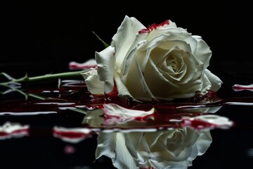 White rose in a puddle of blood with dripping petals, symbolizing themes of grief, murder, treason.