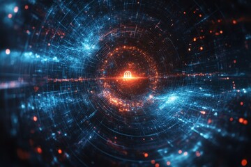 Fototapeta premium A vibrant cosmic tunnel with glowing orange and blue particles in a digital landscape