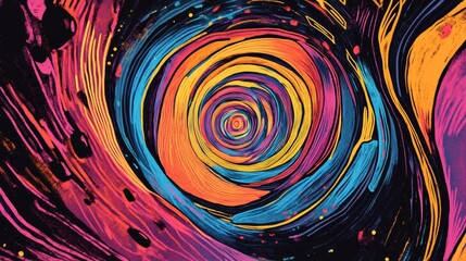 Line art illustration of an abstract disco spiral psychedelic tunnel background showcasing vibrant animations in a virtual reality setting