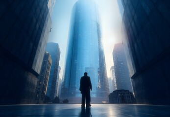 Obraz premium A silhouette of a man standing among towering skyscrapers under a dramatic sky, capturing urban ambition and solitude.