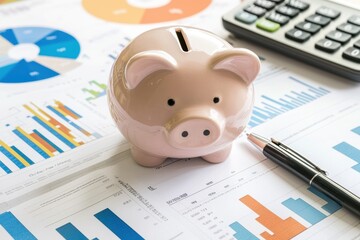 Financial Planning Strategy Concept with Piggy Bank, Graphs, and Calculator on Professional Desk