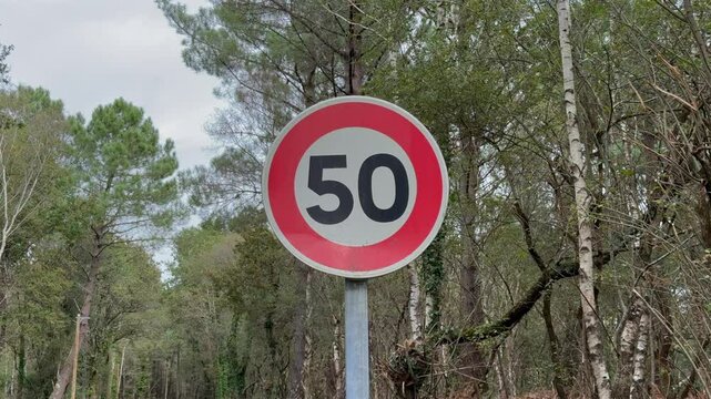 Gros plan sur un panneau de limitation de vitesse 50 au format portrait.