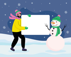 Happy guy in winter clothes holding a white sign, holiday banner with a snowman. Merry Christmas and Happy New Year. Vector illustration, flat.