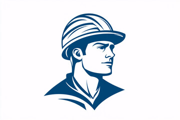 Minimalist blue and white construction worker logo featuring a strong male figure wearing a hard hat in a clean and modern style
