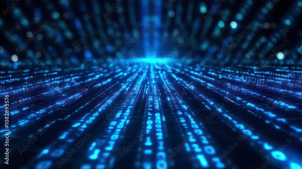 Poster blue digital binary data on computer screen background