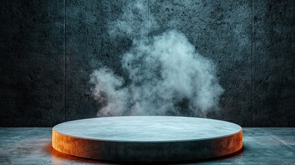 A circular podium emits a soft mist, illuminated by an orange glow, set against a textured gray background