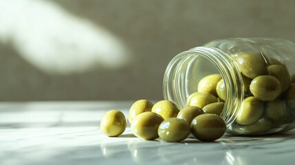 Green olives spilling from a glass jar onto a marble surface, minimalist background with soft shadowing
