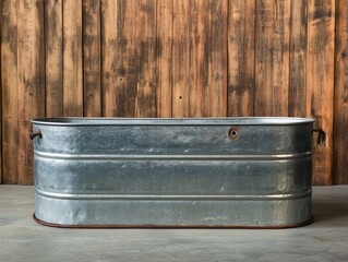 Fototapeta premium A rustic galvanized metal tub with side handles, set against a wooden wall. Ideal for vintage themes