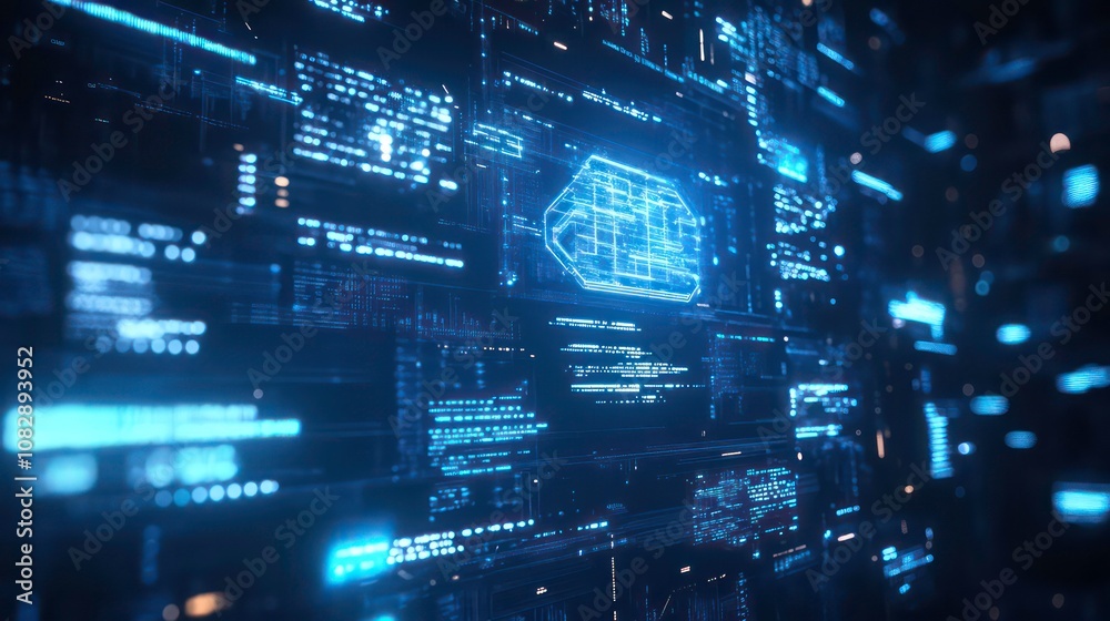 Poster blue and white ai icon in a digital futuristic interface with glowing tech elements and abstract dat