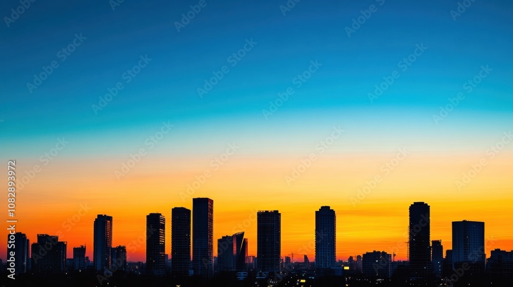 Poster tall buildings stand in silhouette as the sun sets, casting a stunning array of warm colors across t