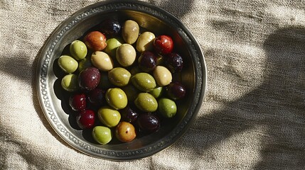 Mixed olives with a hint of olive oil in a rustic metal bowl, on a burlap cloth with soft shadows